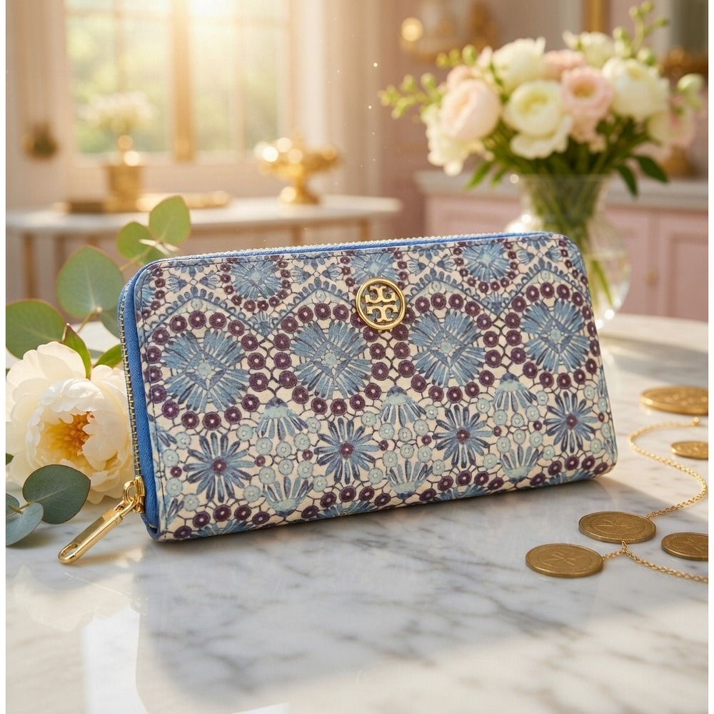 Tory Burch Blue Floral Lace Embroidered Zip Around Continental Wallet Gold Logo